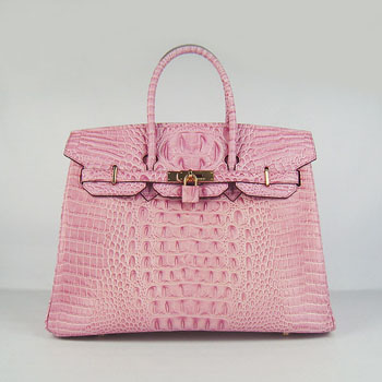 Hermes Birkin 35Cm Crocodile Head Stripe Handbags Pink Gold